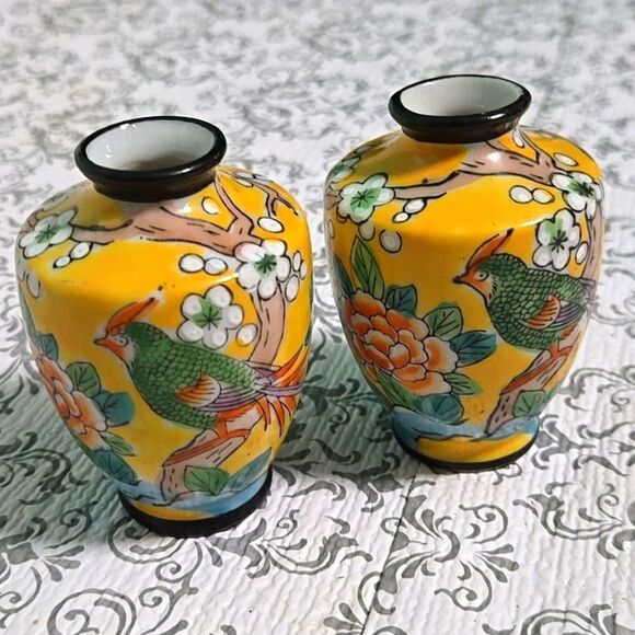 Vintage Miniature Japan Cloisonne Yellow Matching Bud Vase Pair